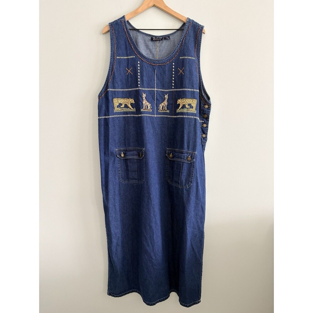 MPH Denim Dress Jumper Womens 1X Embroidered Safari Collection Vintage